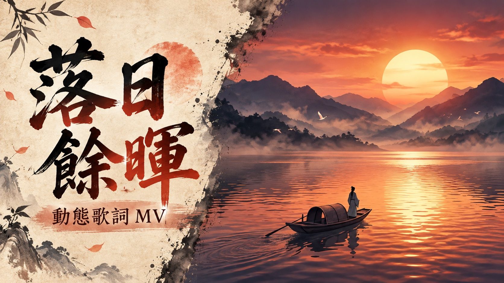 落日餘暉動態歌詞 MV 封面：米白紙上的黑紅書法，搭配夕陽、山水與輕舟