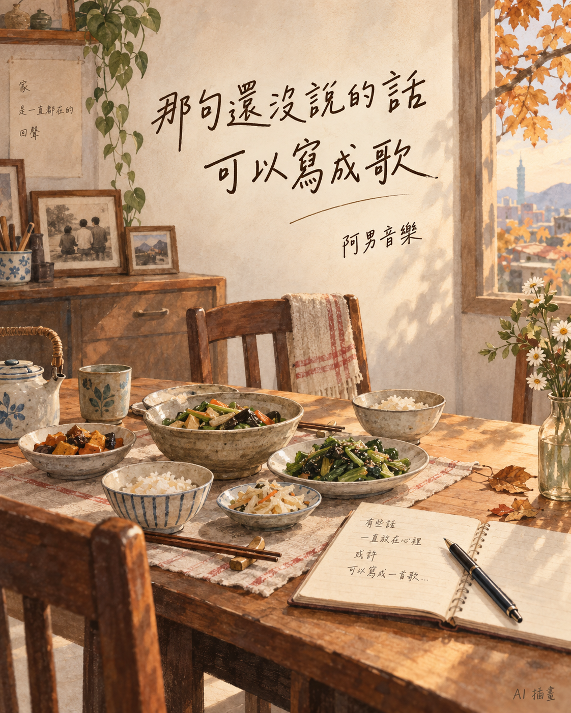 插畫:秋日家中餐桌擺著家常素菜與筆記本,文字「那句還沒說的話,可以寫成歌」,阿男音樂