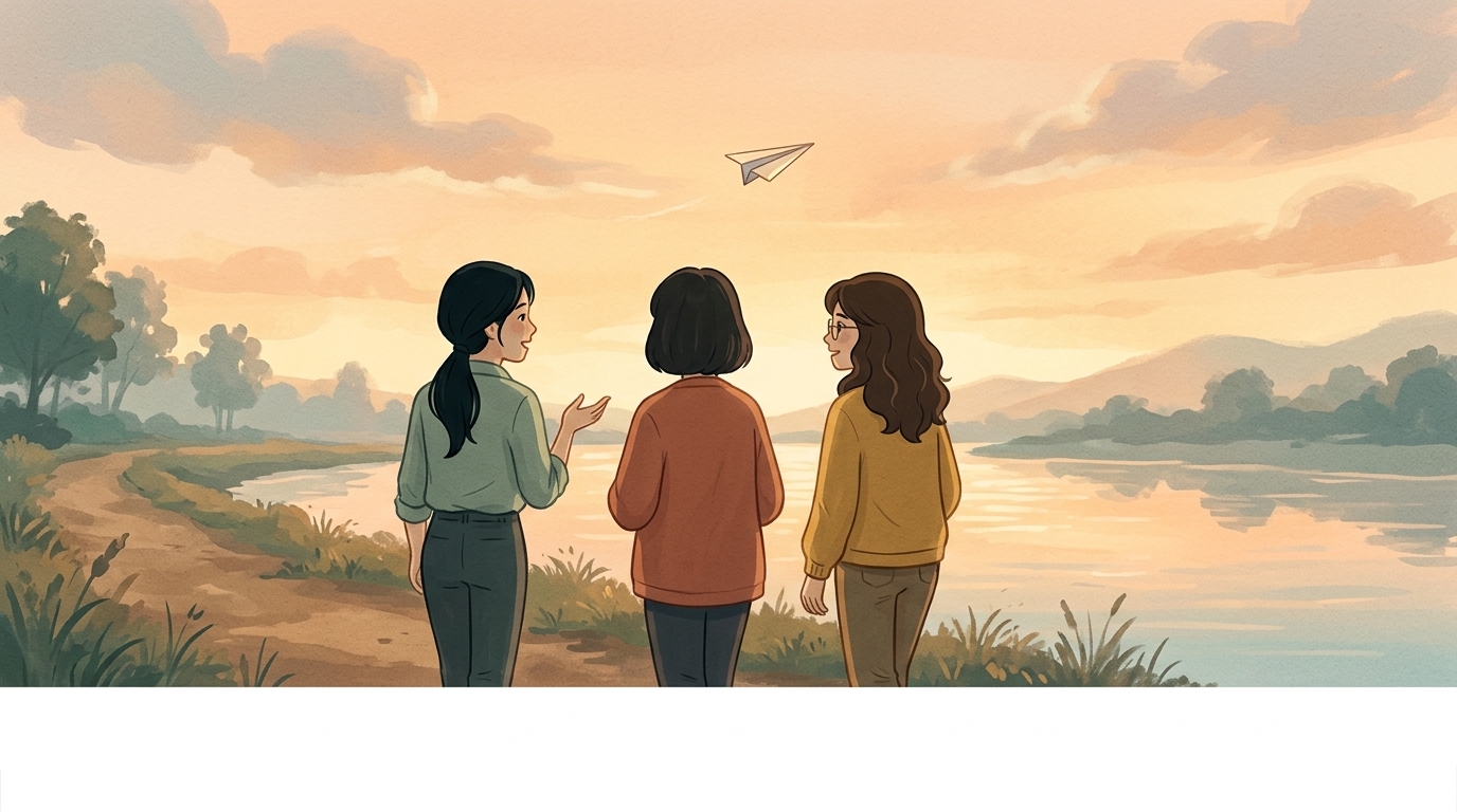 暖色插畫:三位成年閨蜜在夕陽河岸相伴,紙飛機飛過天空
