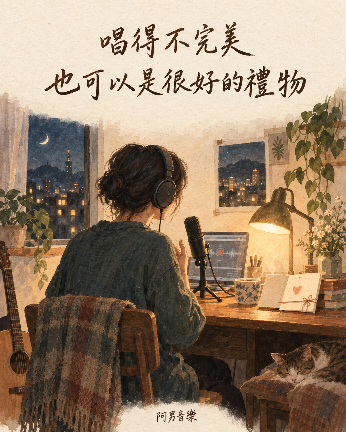 水彩插畫：一個人在暖燈下戴著耳機錄唱，桌上放著寫給收歌人的小卡